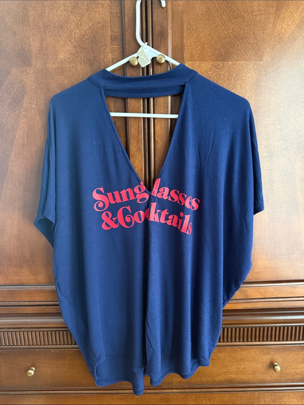 Express Navy Short Sleeve Top with Pink Sunglasses & Cocktails Print